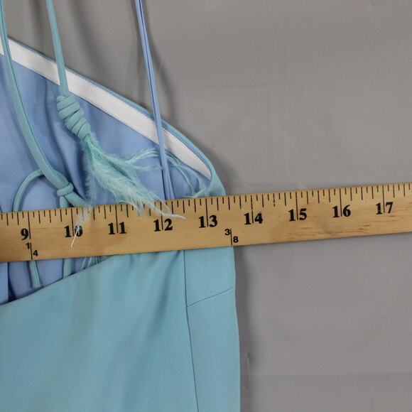 Alexis Dress XS Izzie Lagoon Feathered Blue Trim Halter Maxi Gown Evening Luxury - Picture 13 of 14